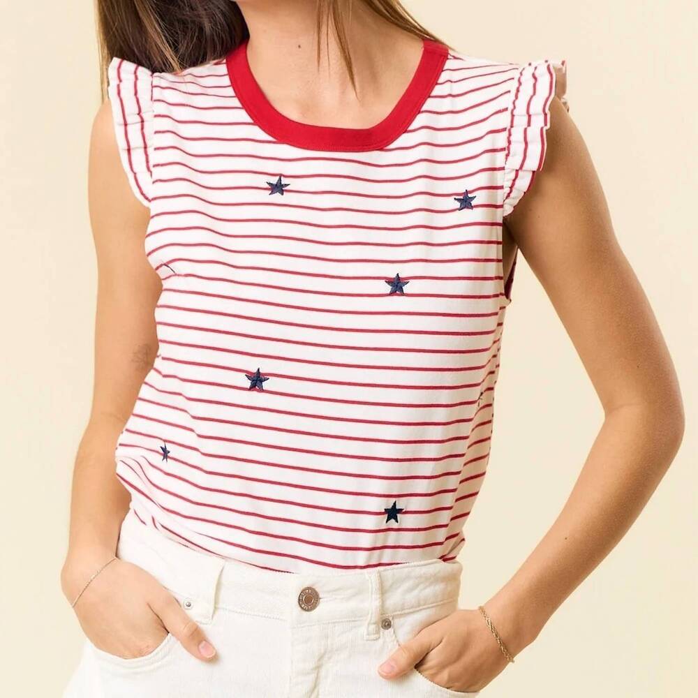NEW DOE AND RAE ruffle star embroidered stripe tank top in red